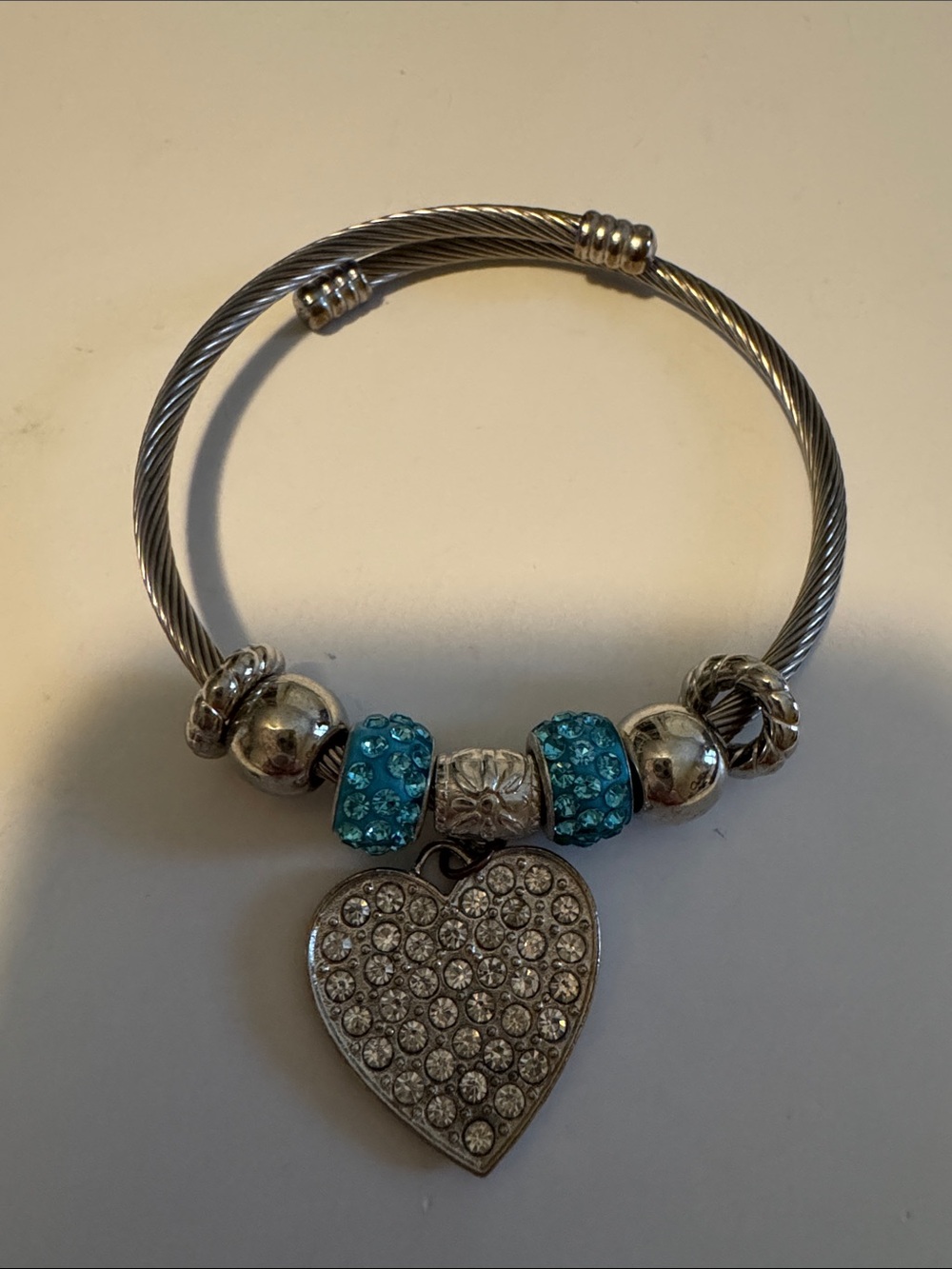 Silver Bracelet with Turquoise Crystal Beads and Pave Heart Charm